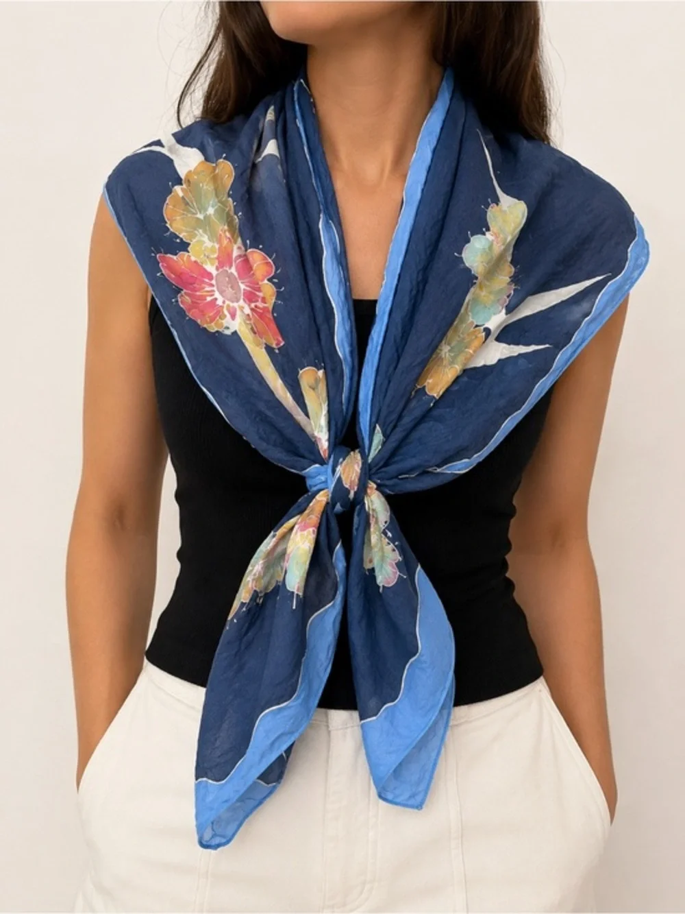 Vintage Floral Bird Print Oversized Scarf Blue Square Wrap Shawl Cottagecore